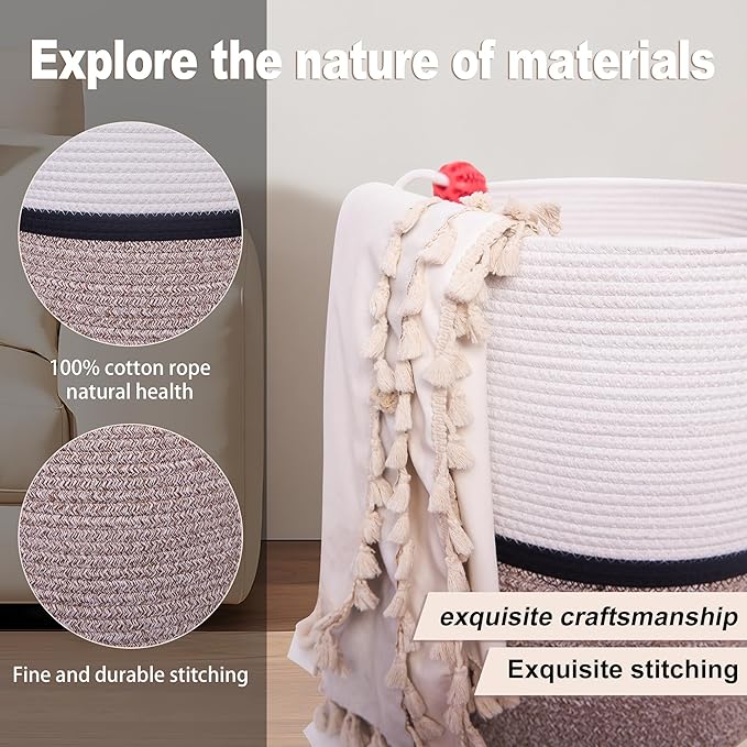 Laundry Baskets Woven Cotton Rope Laundry Hamper with Handles for Decor Storage of Dirty Clothes,Toys and Blankets in Bathroom,Baby Room and Living Room