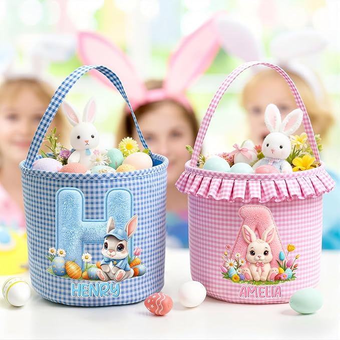 CALLIE Personalized Easter Basket for Kids | 8.8" Custom Easter Basket with Name Rabbits Plaid Design | First Easter Spring Basket Gift