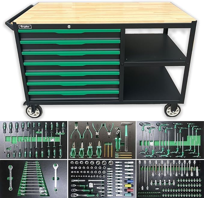 7-Drawers Professional Tool Cart Cabinet,Rolling Tool Chest with Double Shelves,Wood Workbench,51.1W x 18.9D x 32.3H inches for Garage, Workshop, or Outdoor Use(7 Drawers + 258 Pieces Tool)