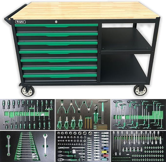 7-Drawers Professional Tool Cart Cabinet,Rolling Tool Chest with Double Shelves,Wood Workbench,51.1W x 18.9D x 32.3H inches for Garage, Workshop, or Outdoor Use(7 Drawers + 258 Pieces Tool)