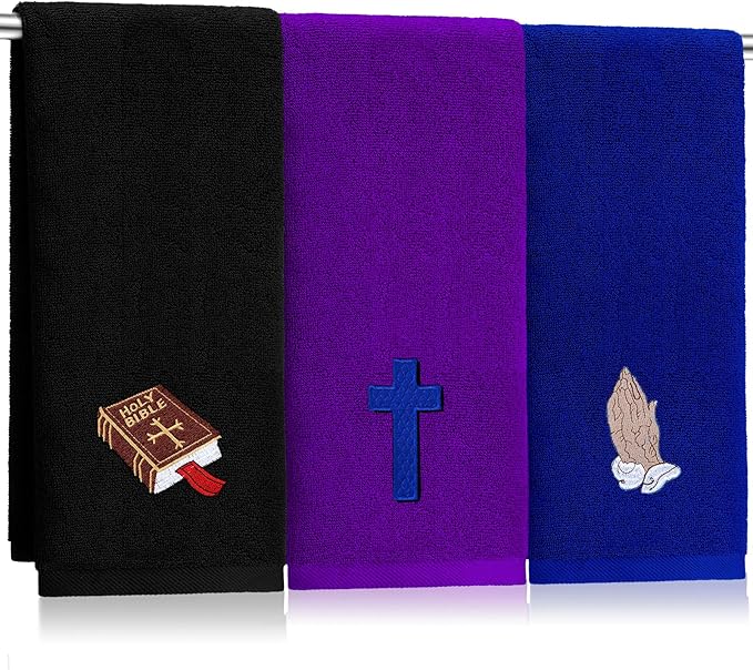 3 Pcs Easter Pastor Hand Towels, Christian Embroidered Religious Cross Cotton Towels 13.78 x 29.53 Inch, Soft Absorbent Bathroom Clergy Dove Gift for Easter Father's Day