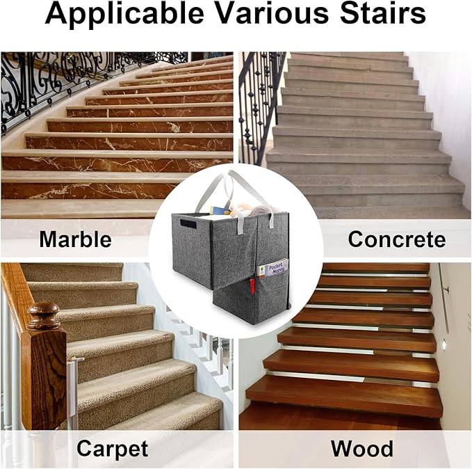 Stair Basket for Stairs with Lid 16.5" x 10.5" x 16", Collapsible Staircase Basket with Handle, Large Capacity Step Storage Basket, Stair Storage Basket for Carpet or Wood Stairs