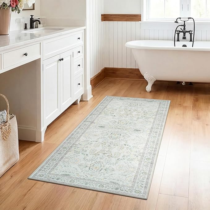 GRANNY SAYS Boho Bathroom Runner 47"x 18" Non-Slip,Quick Dry & Washable Vintage Bath Rug,Distressed Farmhouse Plush Velvet Bath Mat for Sink Shower and Bathtub, Vintage Green