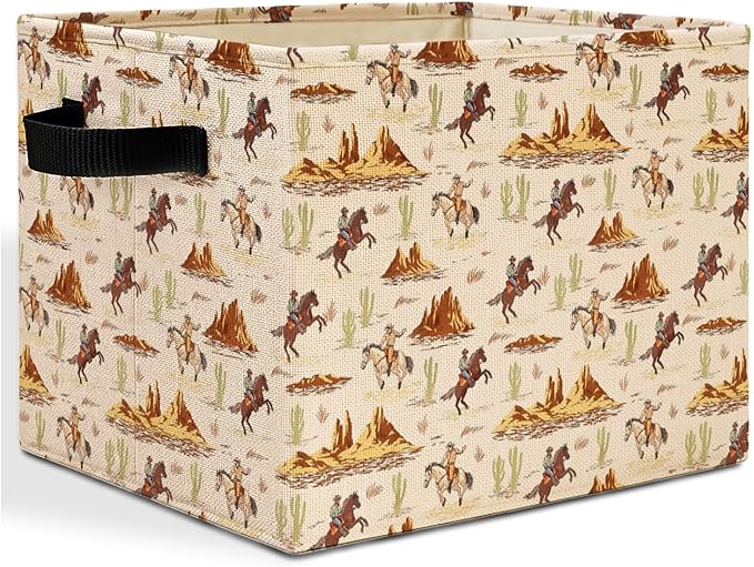 Western Rodeo Cowboy Storage Bins Box with Handles, Vintage Rustic Southwestern Cactus Desert Laundry Basket Hamper Collapsible Clothes Toys Organizer for Bedroom Bathroom Home