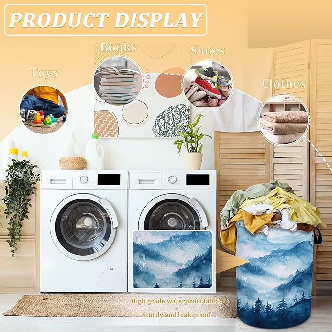 Blue Mountain Forest Laundry Basket, Foldable Waterproof Oxford Cloth Laundry Hamper Funny Tote Bag Dirty Clothes Storage Bucket Toy Organizer for Bathroom/Laundry/Bedroom 15.7"x19.6"