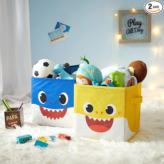 Idea Nuova Baby Shark Collapsible Storage Cubes, Set of 2, 10"x10",Baby Shark Blue/Yellow