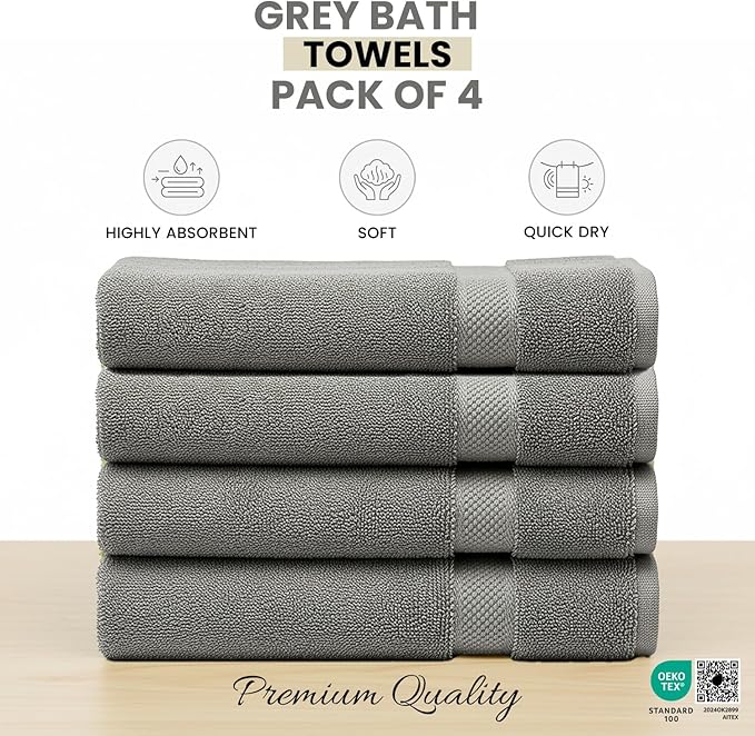Grey Bath Towels 30x60 – Pack of 4 | Soft, Light Weight & Quick-Dry | Highly Absorbent 100% Combed Yarn Cotton Towels for Bathroom, Spa, Home & Hotel Use (Grey Bath Towels, 30x60- Pack of 4)