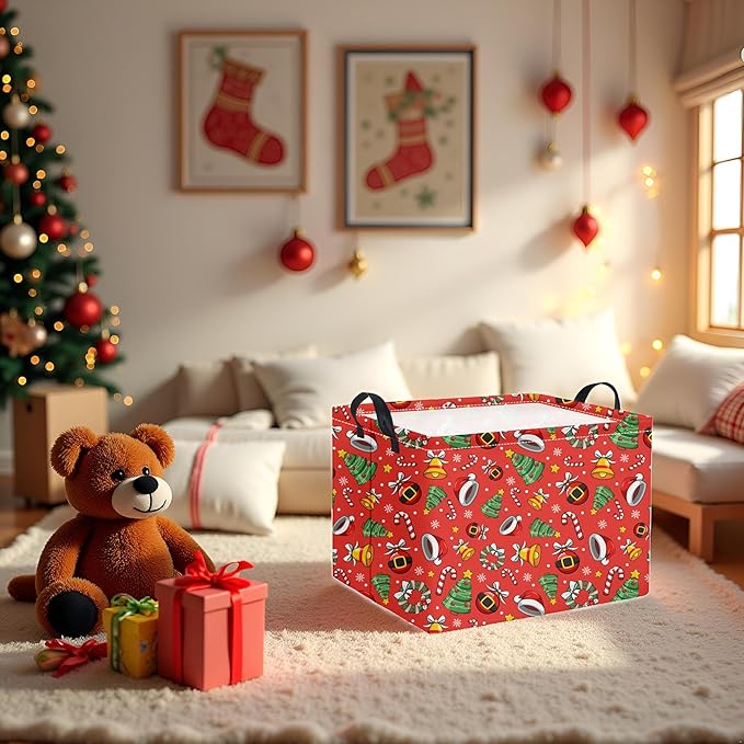 HIYAGON Rectangular Christmas Basket Fabric Storage Bin Storage Boxes Collapsible Storage Basket for Clothes Books Shelves Basket(Red Christmas)