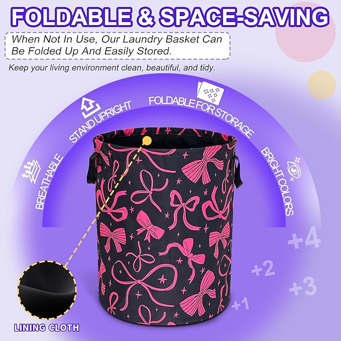 Bow Laundry Basket Oxford Cloth Pink Bowknot Laundry Hamper Funny With Handle Foldable Portable Clothes Storage Basket 18.9 X 16.5 In Storage Bag For Laundry Room/Bathroom/Bedroom/Dormitories