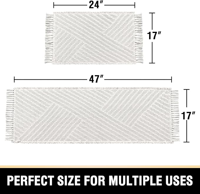 H.VERSAILTEX Waffle Bath Mat Super Absorbent Boho Bath Mat Non Slip Bath Rugs for Bathroom Floor Machine Washable Dry Fast Bathroom Rugs with Tassels (47 x 17 Plus 17 x 24 Inches, Ivory White)