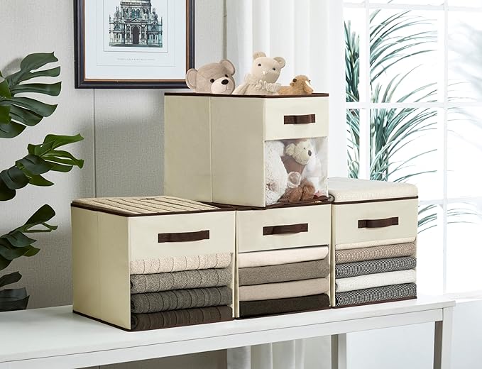 DECOMOMO Kallax Storage Cubes, 13x13x15 Storage Cube Bins with Window, Baskets for Organizing Shelves (Kallax / 4pcs, Beige)