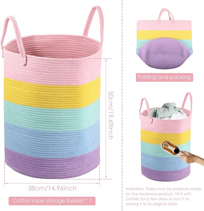 Cotton Rope Laundry Basket Woven Hamper for Girls Kids Baby Large Capacity Clothes Storage for Living Room, Laundry Nursery Pillows Baby Toy chest