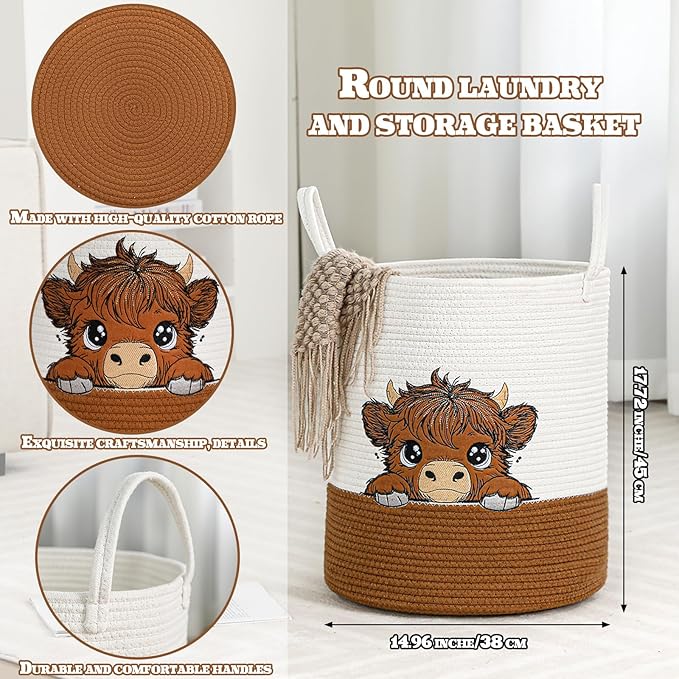 Honeydak Highland Cute Cow Laundry Hamper Brown Tall Cotton Rope Laundry Basket Hamper Large Cow Girly Nursery Basket Storage for Blanket Toys Clothes Organization in Bedroom Bathroom