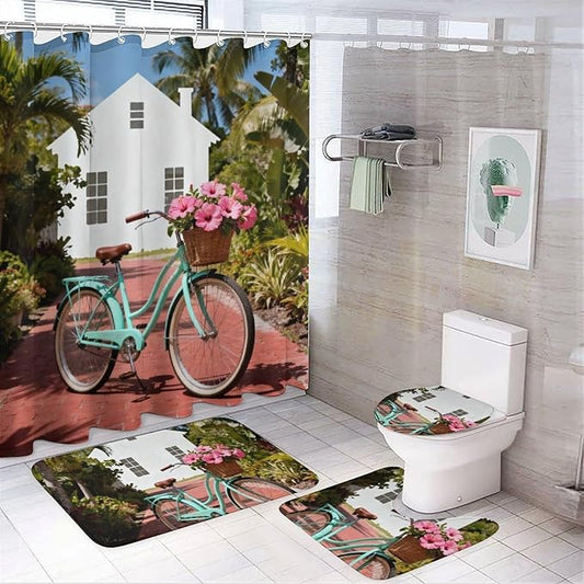 4 Piece Bathroom Rug Set with Shower Curtain, Non-Slip Bath Mat Toilet Cover Set, Bike Bathroom Rug Sets