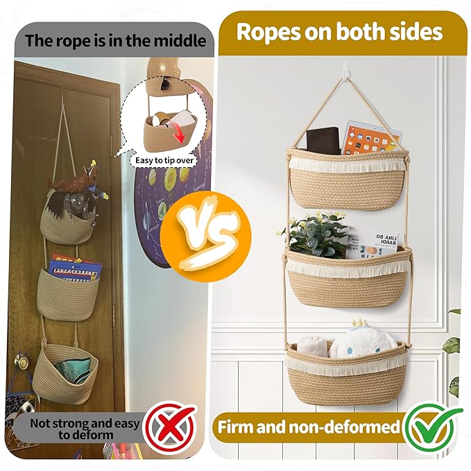 Over The Door Organizer Hanging Basket for Nursery Decor Stuffed Animal Storage Baskets Boho Wall Decor Basket for Bathroom Bedroom Playroom - Beige