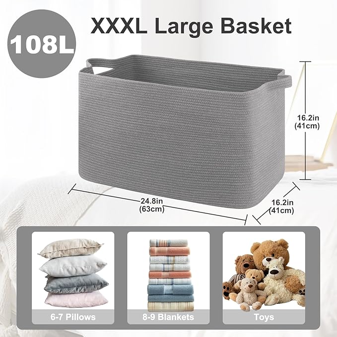108L Extra Large Blanket Basket, 24.8" x 16.2" x 16.2" Rectangle Woven Storage Baskets for Living Room, Nursery, Bedroom, Toy Basket with Handle (Dark Grey)