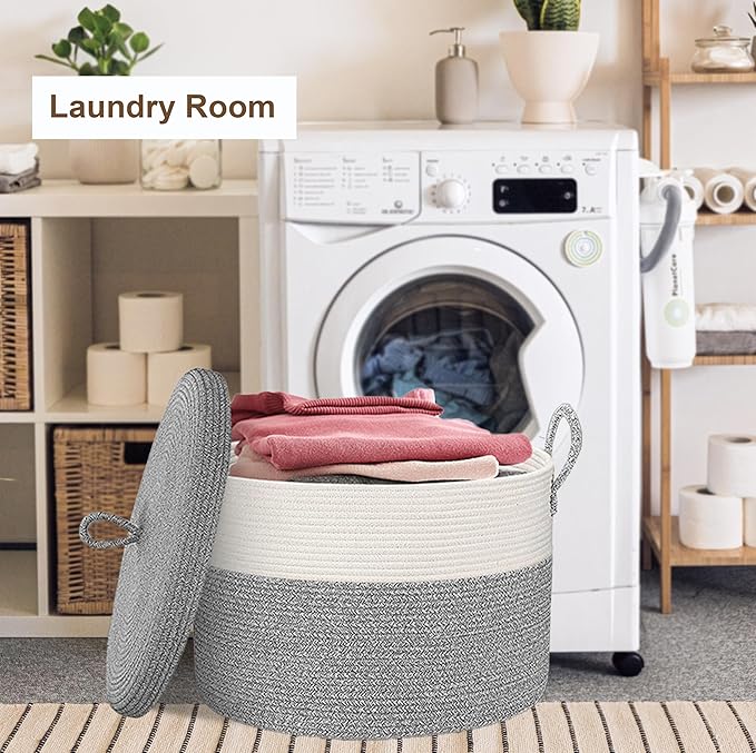 21" x 18" Extra Large storage baskets,Decorative blanket basket with lid for Living room,rope baskets with lid,wicker hamper for bedroom,Big,Round,White & Grey 115L