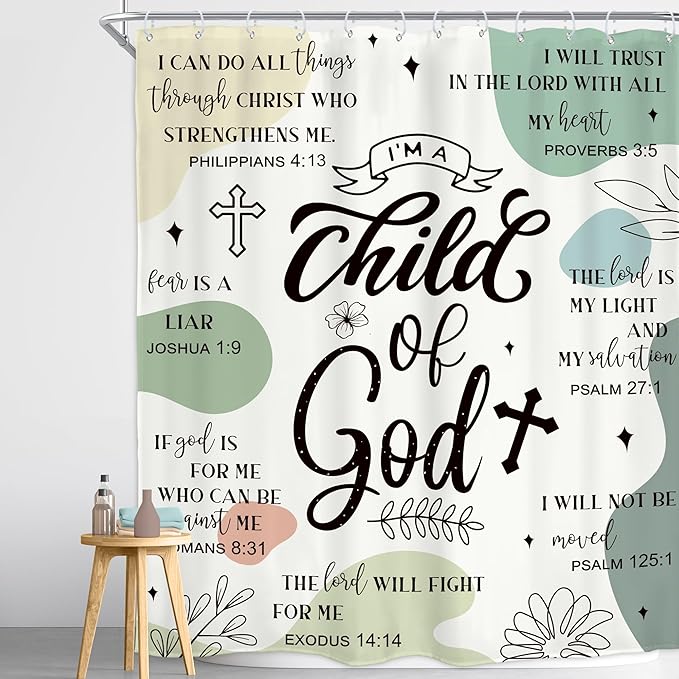 Homewelle Sage Green Abstract Bible Verse Shower Curtain Scripture Christian Boho Mid Century Inspirational Quotes 60Wx72H Inch Modern Minimalist Geometric Waterproof Polyester Fabric Bathroom Bathtub