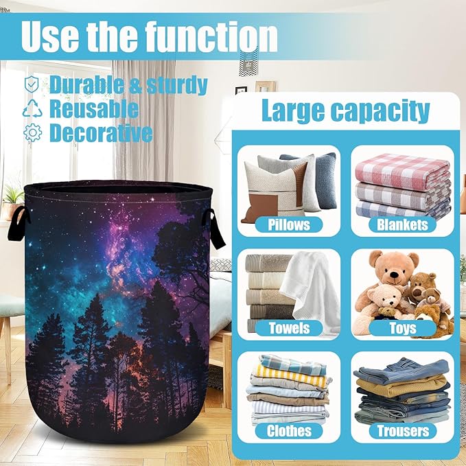 Purple Galaxy Forest Laundry Basket, Laundry Hamper Collapsible Oxford Cloth with Handle Clothes Toy Storage Bin for Bathroom Laundry Room Bedroom 15.7 X 20 Inch