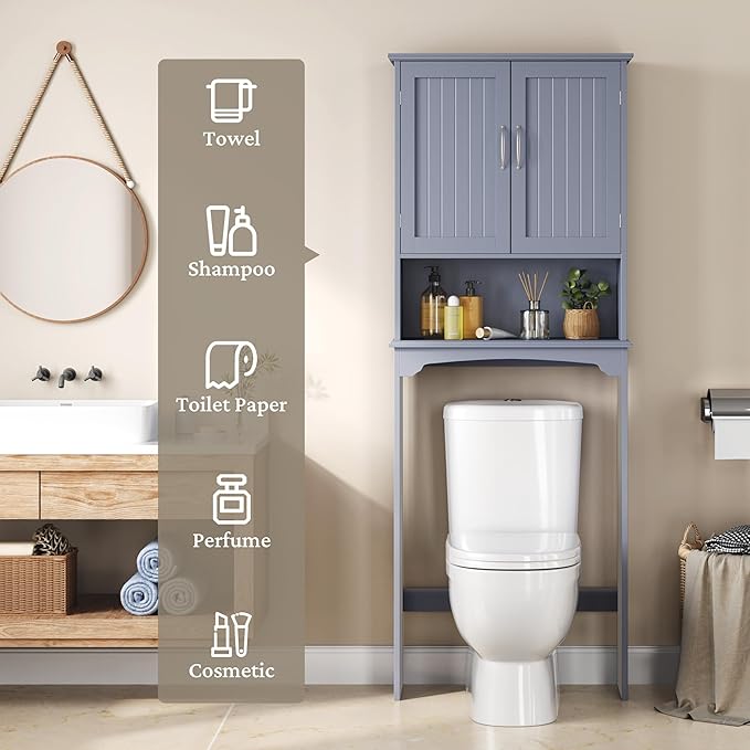 Topeakmart Over The Toilet Storage, Bathroom Storage Organizer with 2 Doors and Adjustable Shelf, L24.5xW9xH66 Inches, Gray