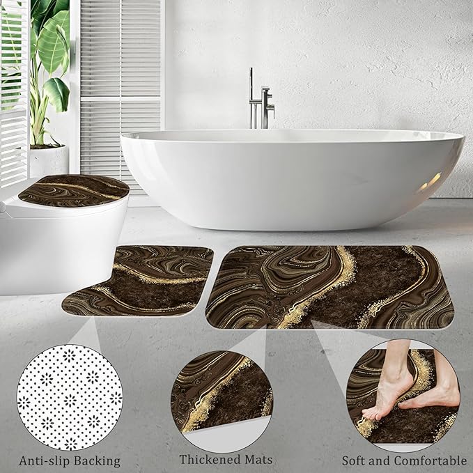 4PCS Brown Marble Bathroom Sets with Shower Curtain and Rugs, Modern Gold Shower Curtain Sets with Rugs for Bathroom Decor, Bathroom Curtains Shower Set with Toilet Lid Cover Accessories