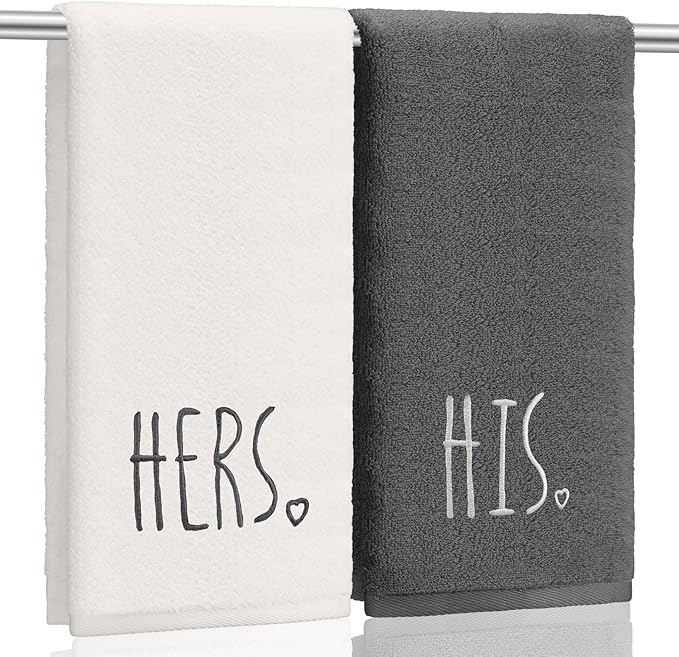 2 Pcs His and Hers Hand Towels 100% Cotton Embroidered Bathroom Towel Wedding Gift for Valentine's Day Couple, Anniversary Bathroom Decor, 29 x 13 Inch