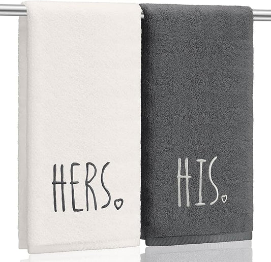 2 Pcs His and Hers Hand Towels 100% Cotton Embroidered Bathroom Towel Wedding Gift for Valentine's Day Couple, Anniversary Bathroom Decor, 29 x 13 Inch