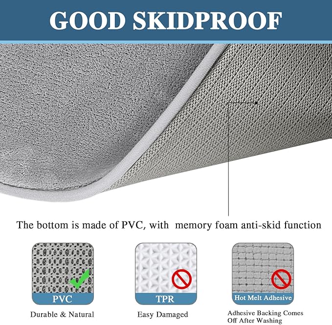 H.VERSAILTEX Kitchen Mat 2 PCS Non Slip Memory Foam Flannel Velvety Kitchen Runner Rug Set for Floor Standing Rugs (47" x 17" + 24" x 17", Grey)