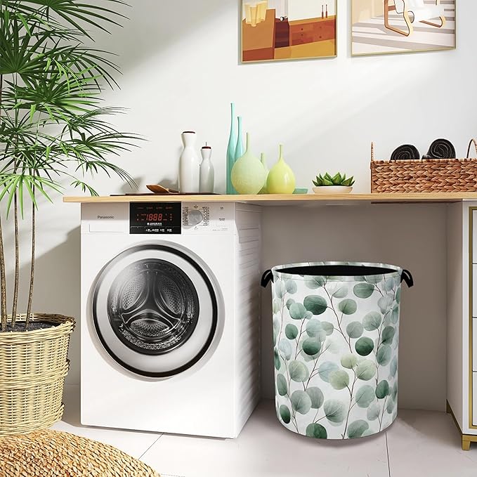 Eucalyptus Leaves Laundry Basket,Foldable Oxford Cloth Tote Bag Laundry Hamper Clothes Storage Bucket Organizer for Bedroom Laundry Storage Dormitories 16" x 20.8"