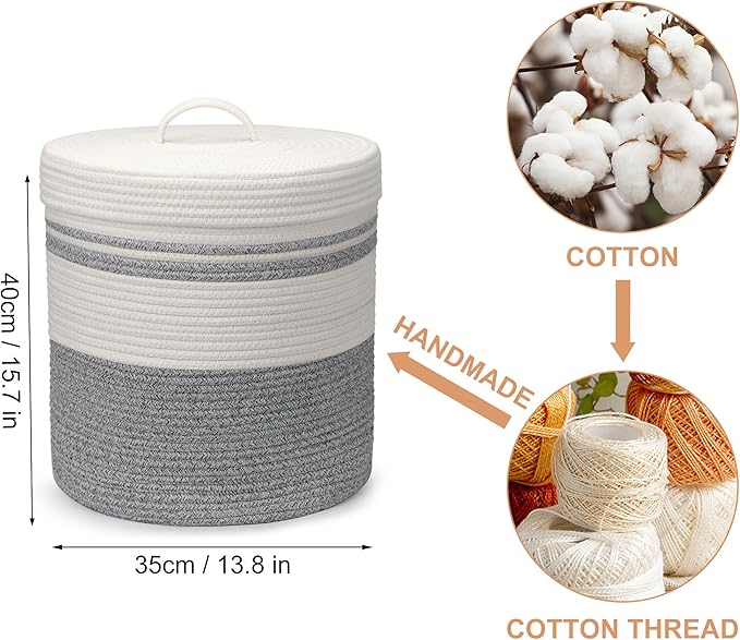 Laundry Hamper with Lid, Woven Laundry Basket，Blanket and Toy Storage Basket for Living Room, Bedroom, Bathroom, Nursery（Grey and White，40L）