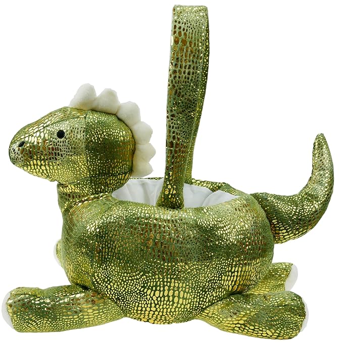 DearSun Plush Dinosaur Basket, Green Glitter, Embroidered Name, Rectangular or Round, Velvet, Perfect for Easter Hunting and Trick or Treat