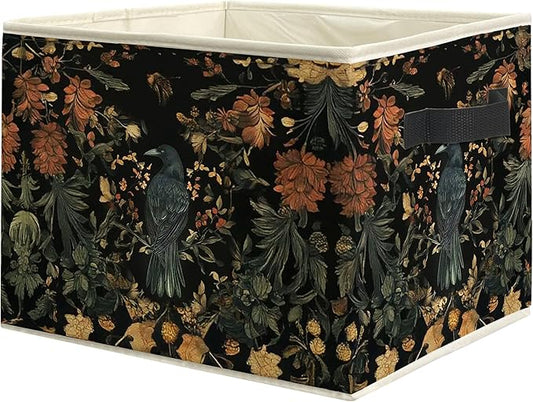 Vintage Gothic Crow Floral Storage Bin Box with Handles, Dark Academia Cottagecore Flower Botanical Foldable Linen Fabric Laundry Basket for Home Bedroom Bathroom Clothes Toys Books