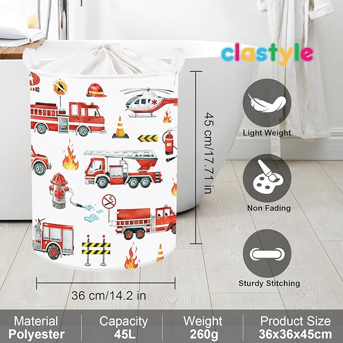 Clastyle Large Red Fire Engine Kid Laundry Hamper for Boy Collapsible Dog Clothes Toy Storage Basket with Lid for Nursery