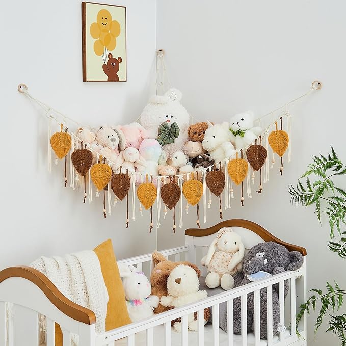 Pretty Jolly Macrame Stuffed Animal Hammock with Beads Hand Woven Leaf Tassels Corner Hanging Net Boho Plush Holder for Toys Kid Room Nursery Decor Organizer for Girls Gift(Dark Yellow&Caramel)