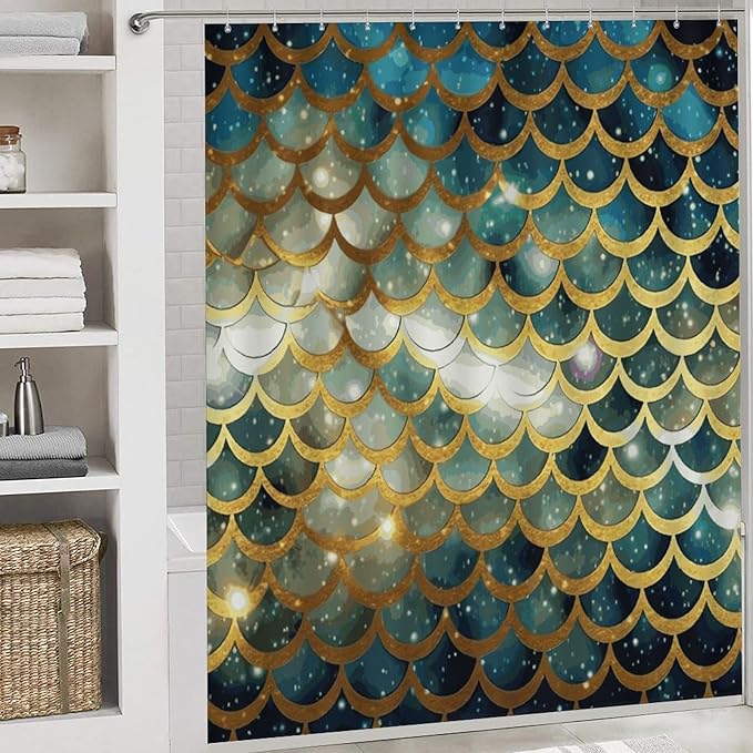 4 Piece Bathroom Rug Set with Shower Curtain, Non-Slip Bath Mat Toilet Cover Set, Golden Glittering Fish Scales Bathroom Rug Sets