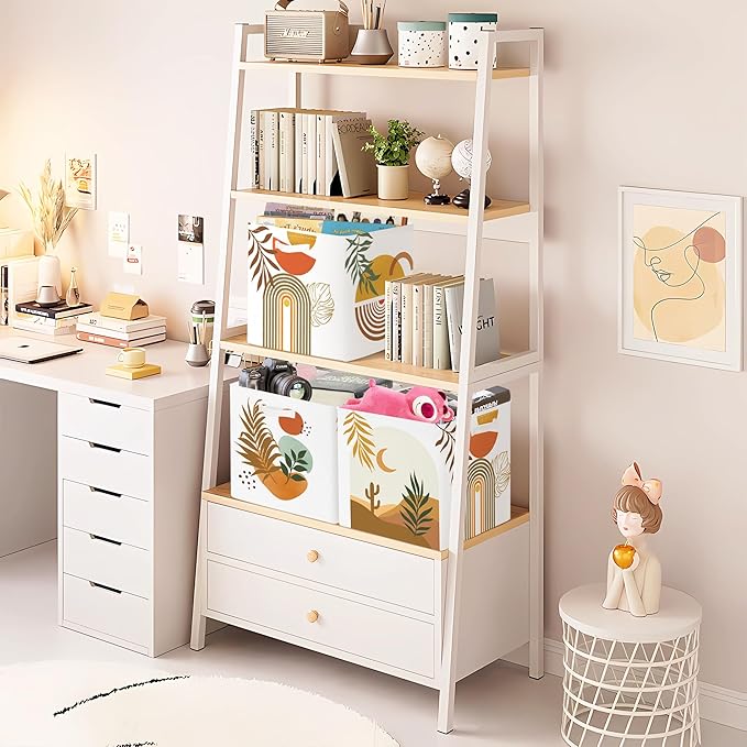 11.8" Boho Leaves Storage Cube Organizer Mid Century Modern Clothes Storage Basket Bin for Closet Shelf Art Abstract Geometry Nursery Kid Room Book Toy Chest, 3Pcs