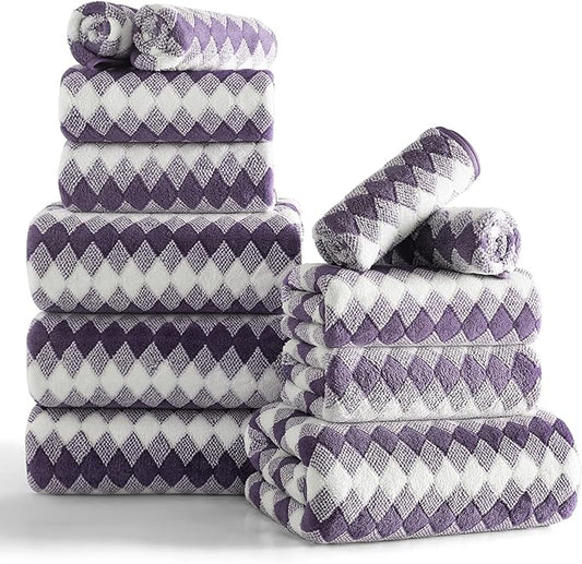 12 Pcs Purple White Diamond Towel Set-4 Bath Towels,4 Hand Towels,4 Washcloths Soft Polyester Bath Sheet with Loop Absorbent Shower Towel Quick Dry Beach Chair Towel Family Towels for Bathroom Spa Gym
