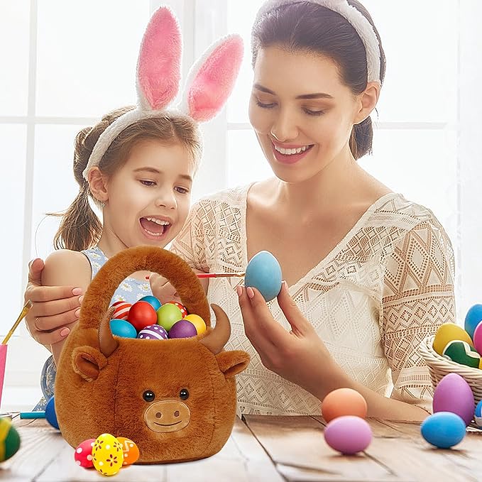 Easter Basket, Easter Baskets for Kids, Highland Cow Baskets with Handle for Gifts Empty, Bunny Egg Hunting, Basket Stuffers Essentials