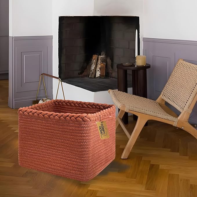 COMFY-HOMI Square Woven Cotton Rope Basket for Organizing, Gift Baskets for Handles, Empty Gift Baskets, Toy Basket for bins|13.5" x 11" x 9.5" home decor for Living Room, Bathroom