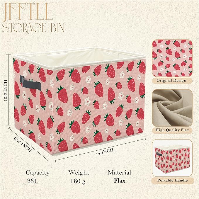 Pink Strawberry Storage Bins with Handles, Girly Room Decor Aesthetic, Preppy Cute Floral Strawberry Fruit Collapsible Laundry Basket Storage Box for Home Bedroom Bathroom Clothes Toys Books