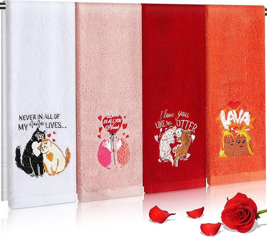 4 Pcs Valentine's Hand Towels Set for Bathroom Kitchen Valentine's Couple Gift 29" x 13" Romantic Funny Animal Embroidered Bath Towel Absorbent Cleaning Cooking for Anniversary Wedding