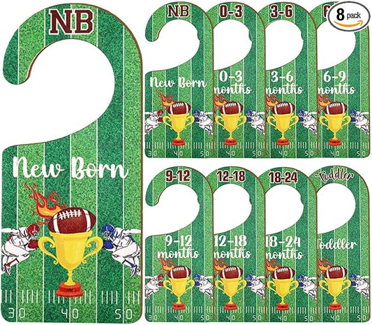 Baby Closet Dividers 8PCS, Football Theme Wooden Double-Sided Clothes Size Hanger Organizer from Newborn to Toddler for Nursery Decor Baby Shower Birthday Gift