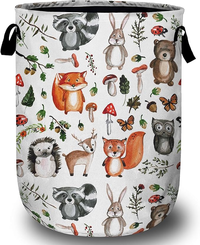 Cute Woodland Animal Laundry Basket, Laundry Hamper Collapsible Oxford Cloth with Handle Clothes Toy Storage Bin for Bathroom Laundry Room Bedroom 15.7 X 20 Inch