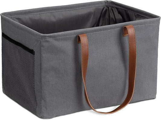 Navaris Collapsible Laundry Baskets - Set of 2 - Foldable Washing Hampers - Clothes Storage Bins with Fabric Drawstring Lid & Side Handles - Gray