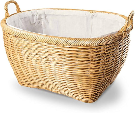 The Basket Lady Oval Wicker Laundry Basket, 25 in L x 19 in W x 14 in H (17 in overall H), Sandstone