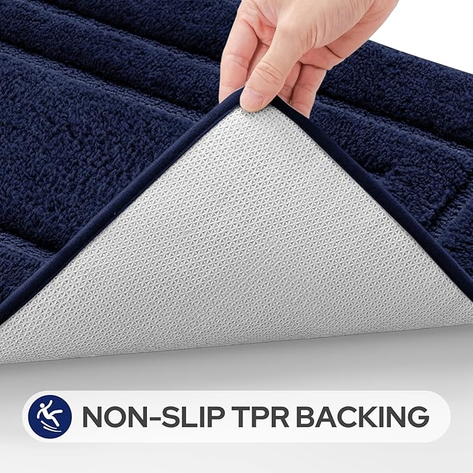 HOMEIDEAS Bathroom Rugs Sets 3 Piece, Microfiber Shaggy Bath Mat Set, Non-Slip Ultra Soft Carpet Mats, Large Rugs with U-Shaped Toilet for Bathroom, Tub, Shower,Navy Blue