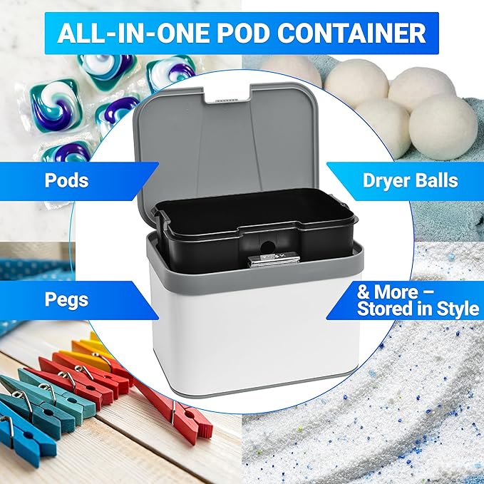 Skywin TidyFriend Laundry Pods Container with Push Up Lid, 10" x 7.4" x 6.7", Airtight Storage Keeps Pods Fresh, Laundry Detergent Container & Dishwasher Pod Holder (Grey)