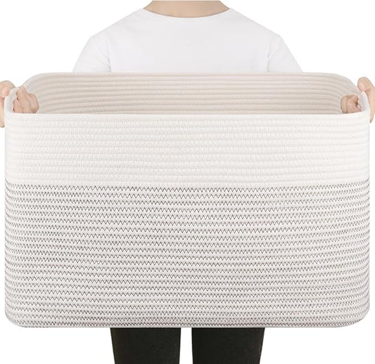 75L Large Blanket Basket, Cotton Rope Woven Storage Basket for Living Room, Toy Bin for Kids, Bedroom, Nursery, Baby Room Decorative Organizer, 22''×17''×12'', Black & White