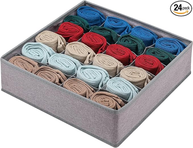 Foldable Storage Cubes Drawer Underwear Organizer Dividers， under Cabinet Organizer 24-Cell Fabric Storage Boxes for Lingerie,Socks,Ties （Grey）