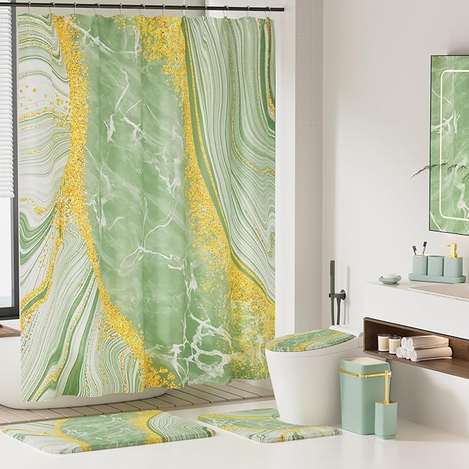 25PCS Bathroom Accessory Set, Green Bathroom Set with Large-Capacity 4 Gallon Trash Can,Bathroom Rugs Set, Waterproof Shower Curtain, Toilet Brush, Toothbrush Holder & Soap Dispenser